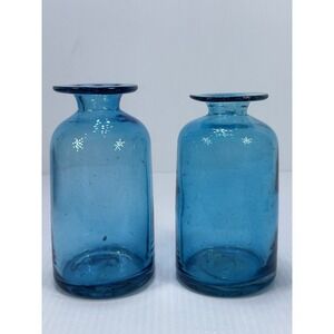 Vintage Hand Blown Blue Glass‎ Vase Made In Mexico Bubbles In The Glass